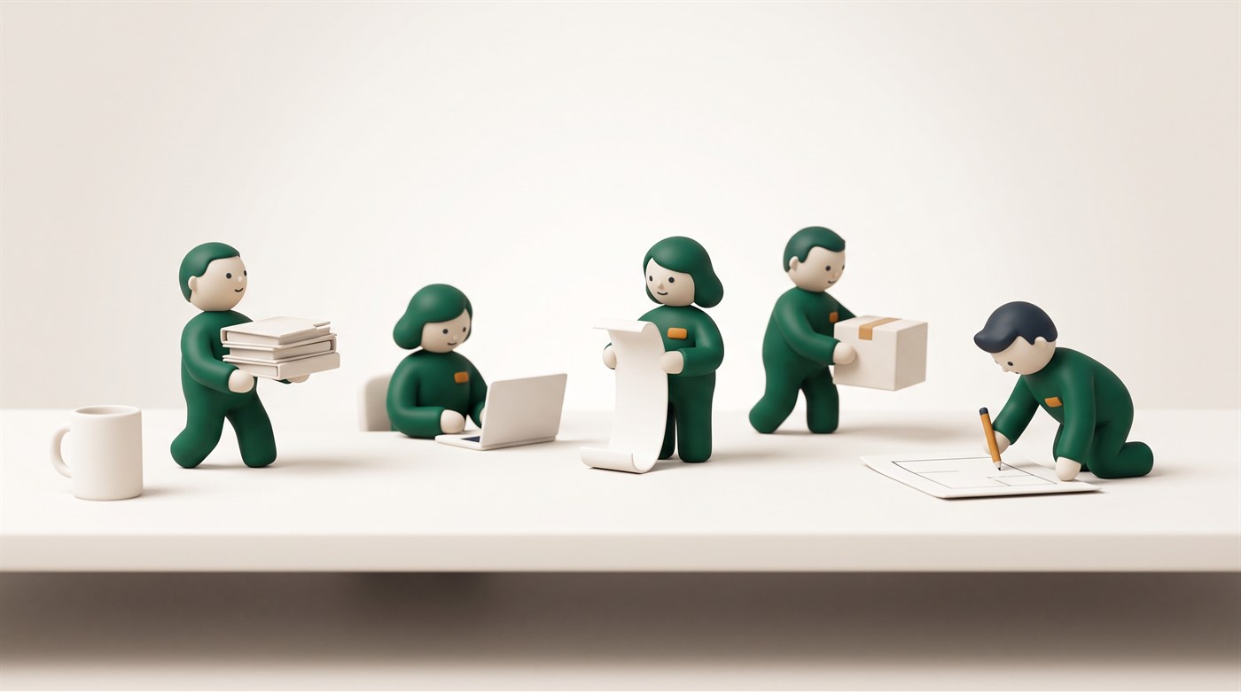 A small crew of miniature figures in deep green, each busy with a different job on a tidy desk - carrying a stack of folders, working at a laptop, holding a long list, moving a box, and drawing on a plan.