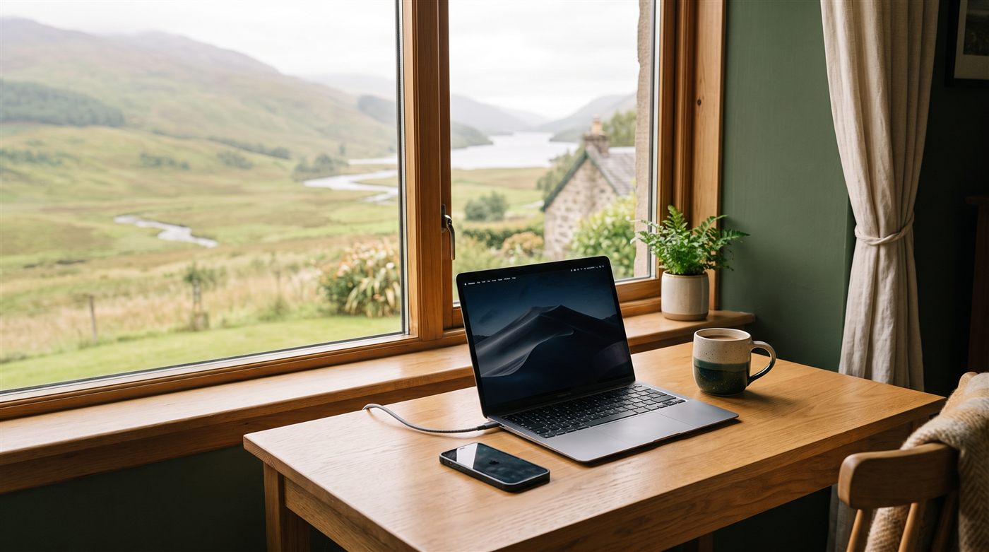 A calm, tidy tech workspace by a window overlooking the Highlands — a laptop and phone on a wooden table beside a mug.