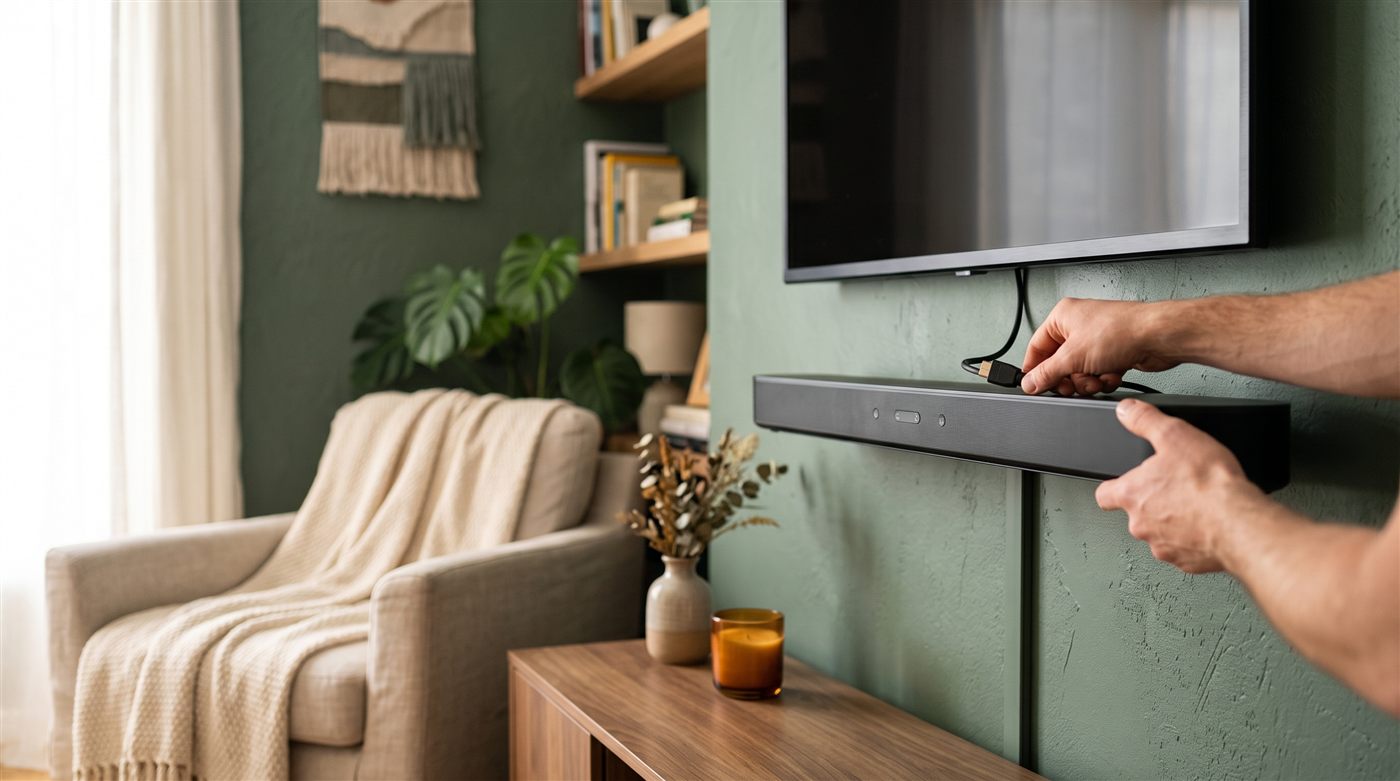 Hands fitting a cable into a wall-mounted TV with a soundbar, in a cosy living room — home theatre and audio-visual setup.