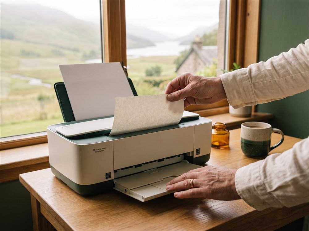 Hands adjusting a home printer on a desk by a window overlooking the Highlands — patient, hands-on tech help.